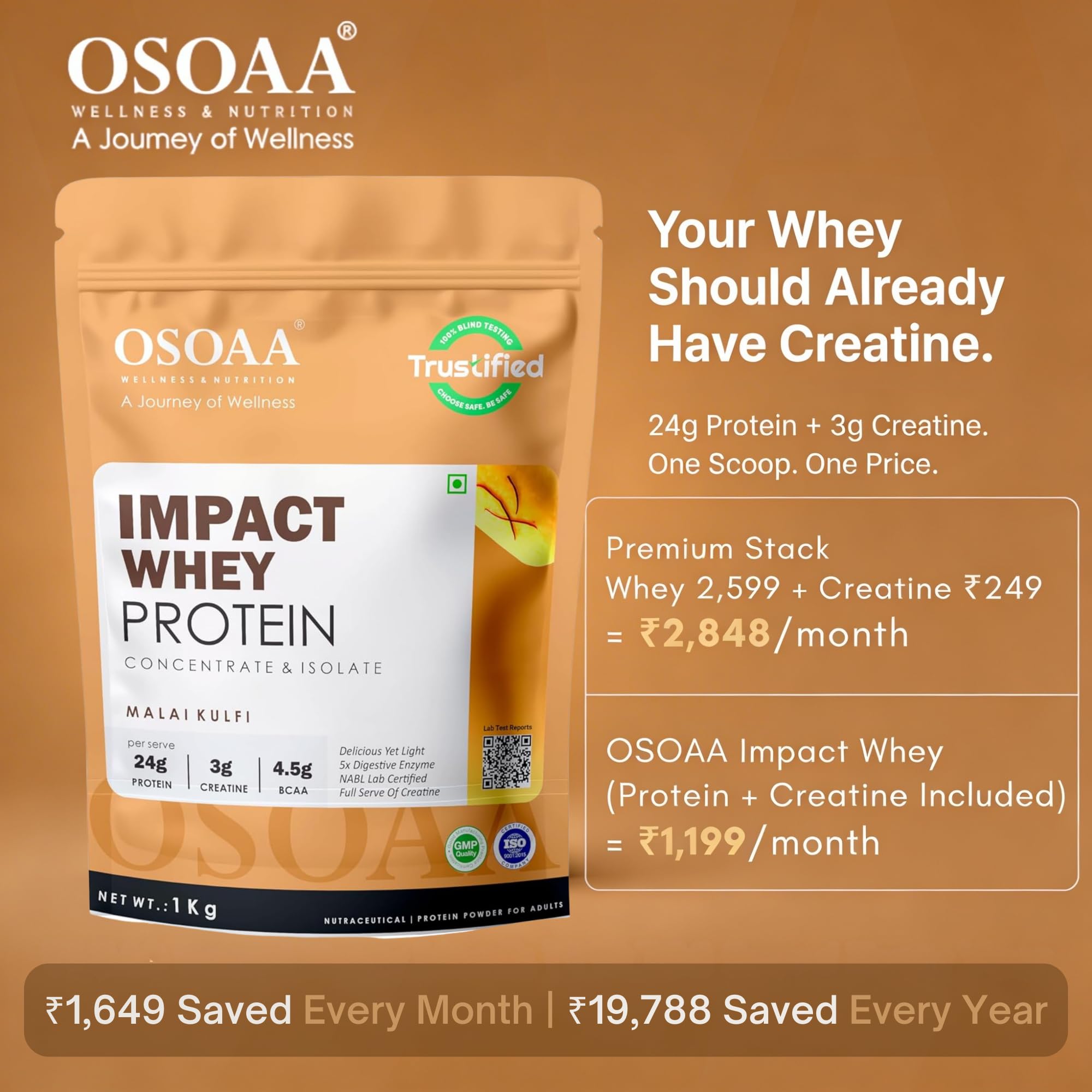 OSOAA Impact Whey Protein, 1kg, Whey Protein Powder with Creatine Monohydrate and Digestive Enzymes - back view (24)