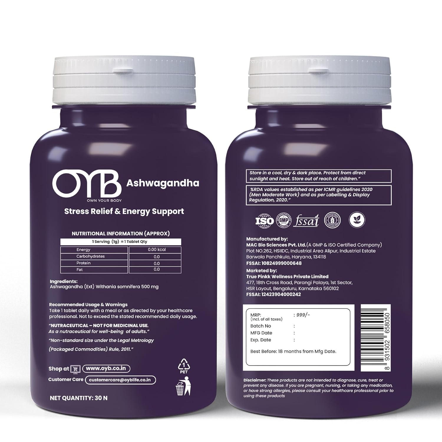 OYB Ashwagandha Tablets 500mg Standardized Extract, 30 Capsules, Herbal Supplement - front view