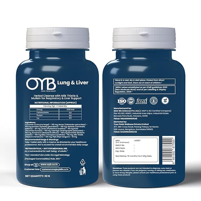 OYB Lung & Liver Ayurvedic Herbal Tablets, 30 Count, with Milk Thistle, Giloy, Kutki, and Amla - front view