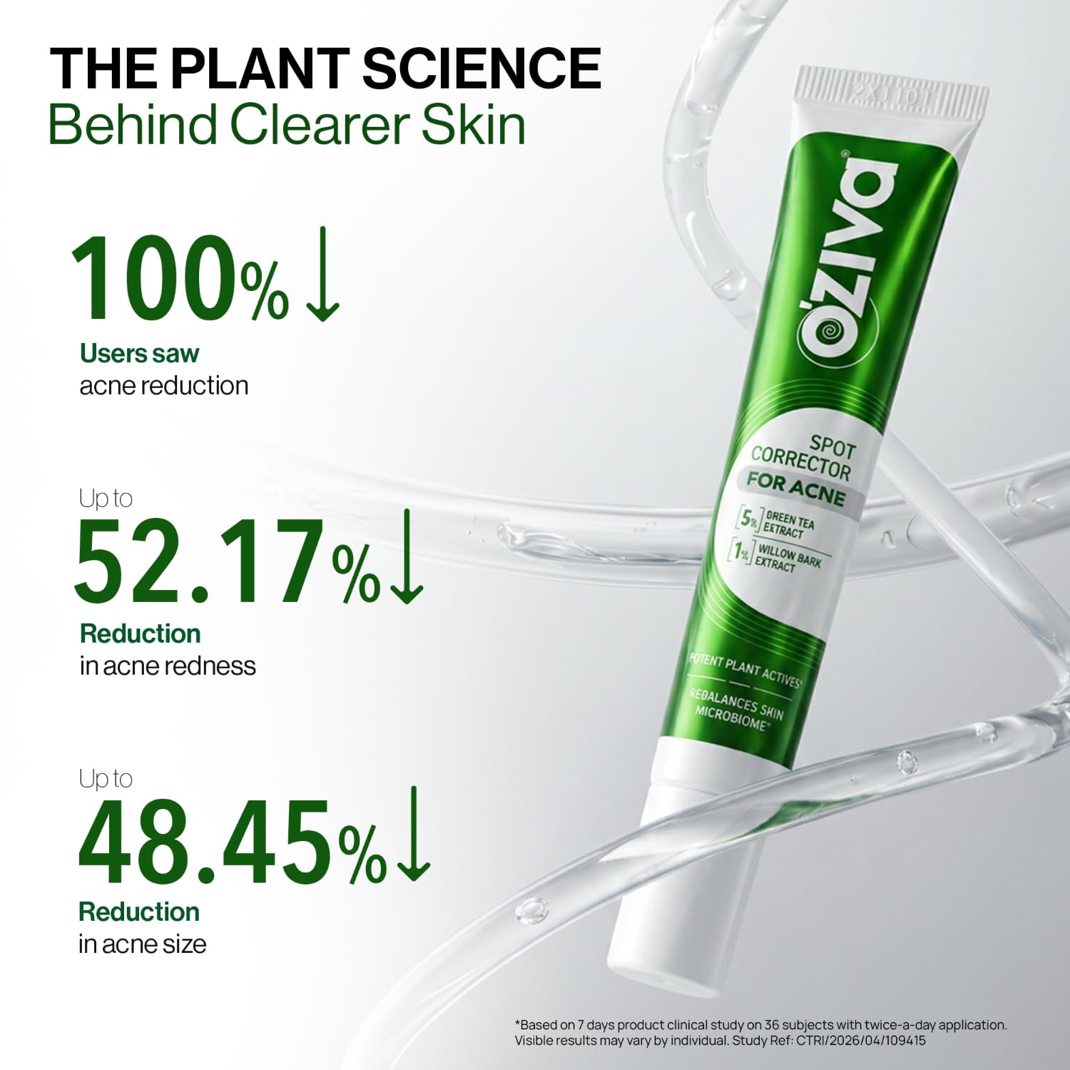 OZiva Acne Spot Corrector Gel, 5% Green Tea Extract, 1% Willow Bark, 20g - packaging