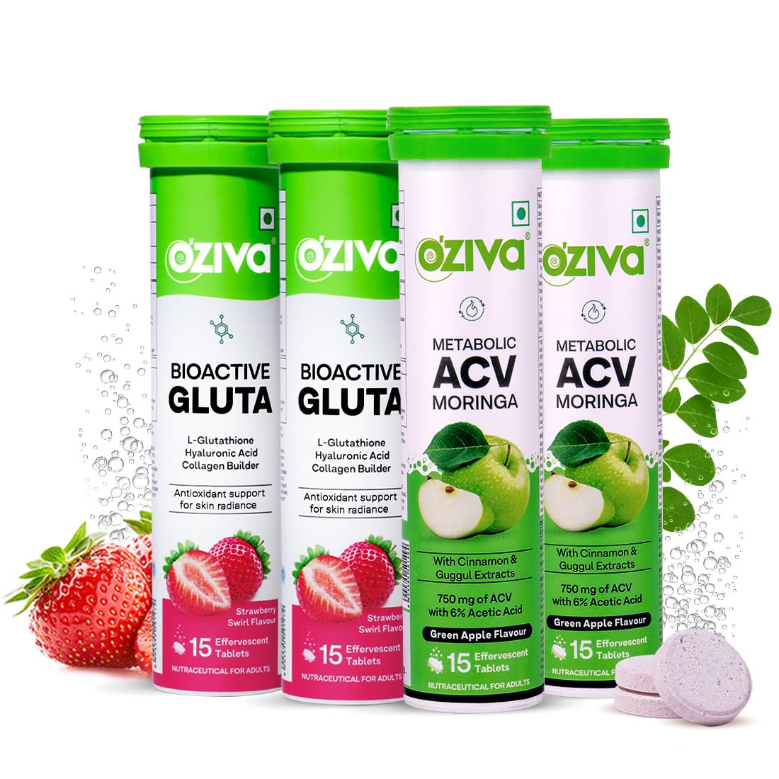 OZiva ACV Moringa and Bioactive Glutathione Effervescent Tablets, Pack of 4, Green Apple and Strawberry Flavors, Sugar-Free