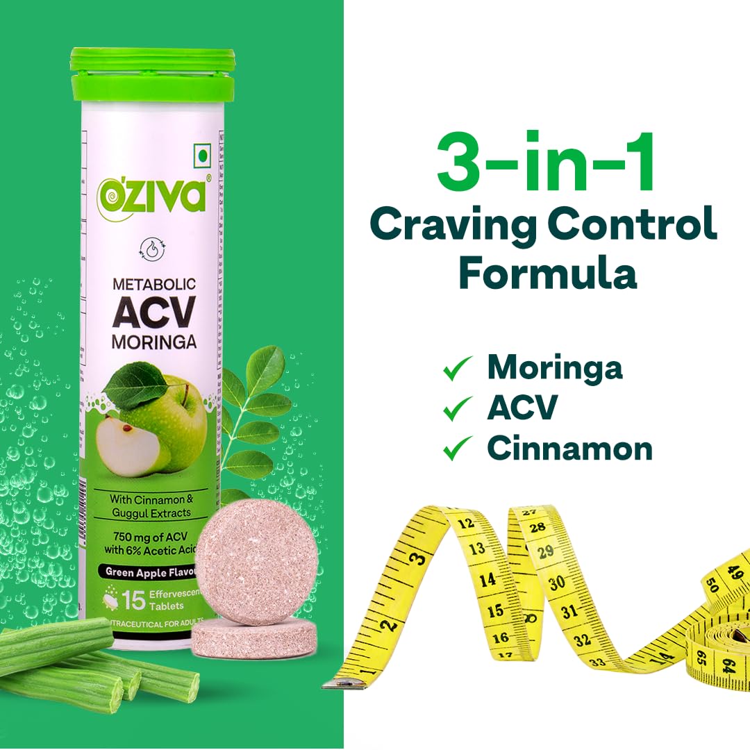 OZiva ACV Moringa and Bioactive Glutathione Effervescent Tablets, Pack of 4, Green Apple and Strawberry Flavors, Sugar-Free -