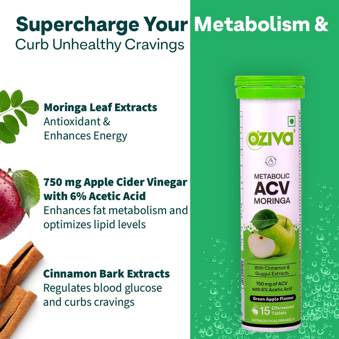 OZiva ACV Moringa and Bioactive Glutathione Effervescent Tablets, Pack of 4, Green Apple and Strawberry Flavors, Sugar-Free -