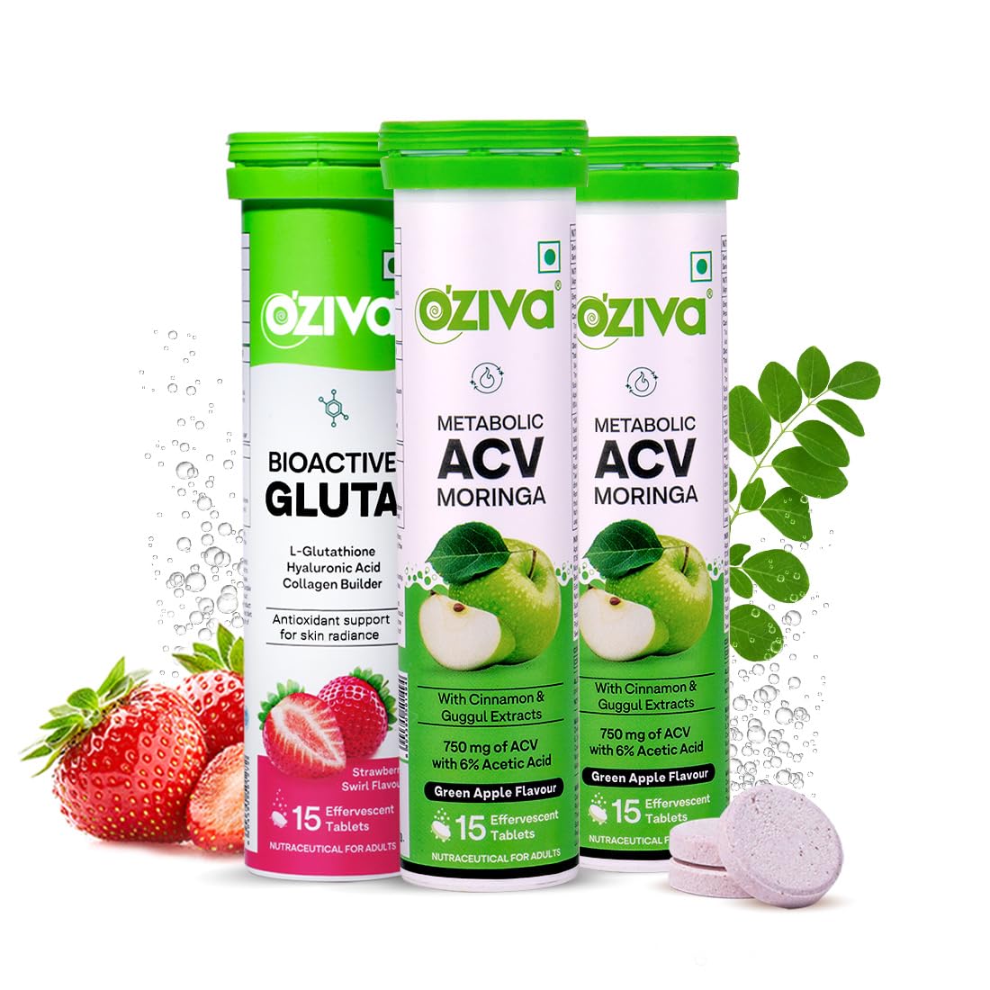 OZiva ACV Moringa and Glutathione Effervescent Tablets Bundle, 60 Count, Green Apple and Strawberry