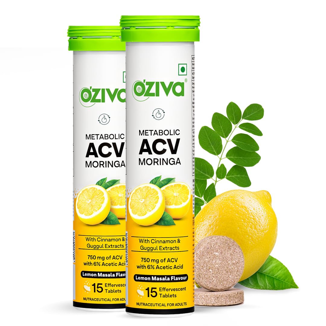 OZiva ACV Moringa Apple Cider Vinegar Tablets, Lemon Masala, 15-Count, Nutritional Supplement