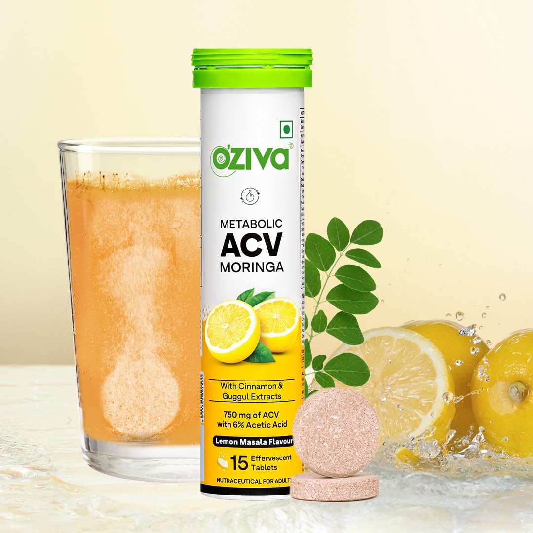 OZiva ACV Moringa Apple Cider Vinegar Tablets, Lemon Masala, 15-Count, Nutritional Supplement - front view (11)