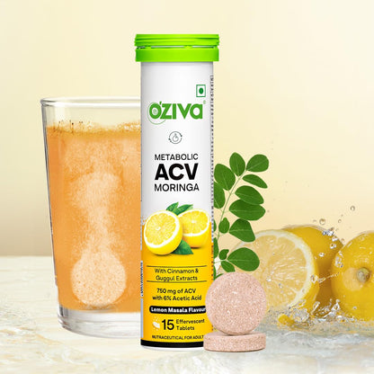 OZiva ACV Moringa Apple Cider Vinegar Tablets, Lemon Masala, 15-Count, Nutritional Supplement - front view (11)