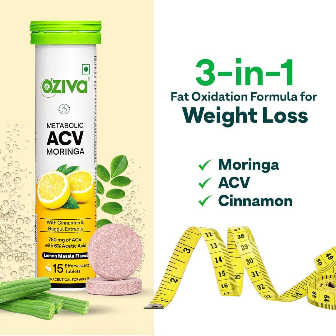OZiva ACV Moringa Apple Cider Vinegar Tablets, Lemon Masala, 15-Count, Nutritional Supplement - back view (12)