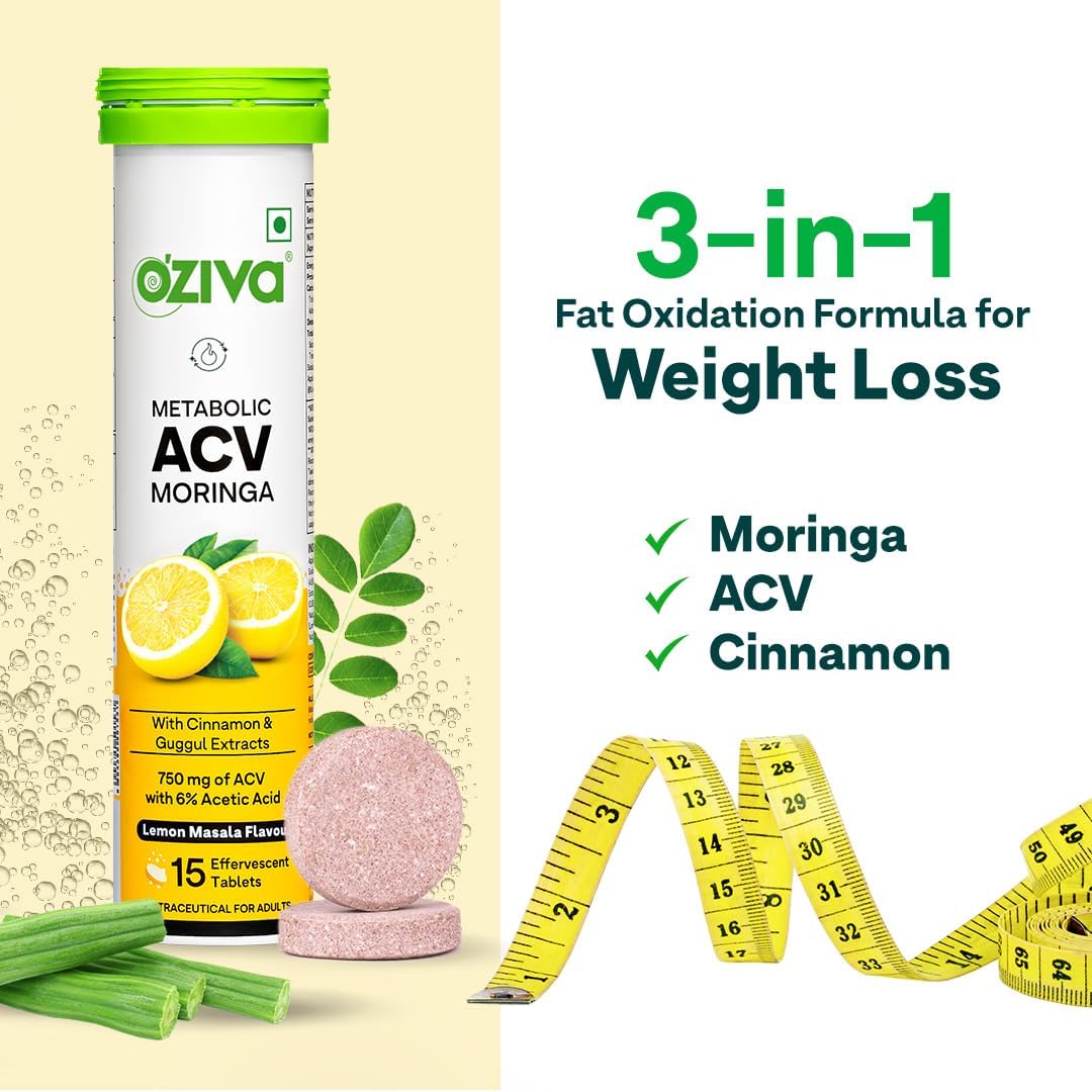 OZiva ACV Moringa Apple Cider Vinegar Tablets, Lemon Masala, 15-Count, Nutritional Supplement - front view