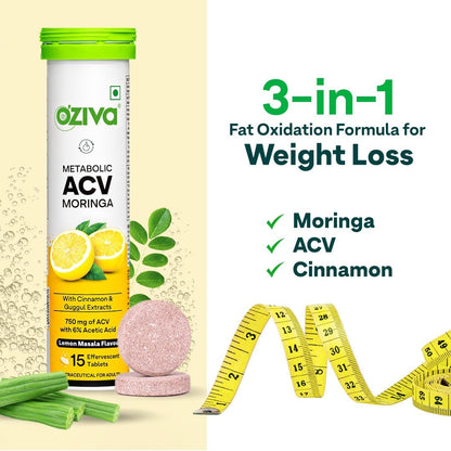 OZiva ACV Moringa Apple Cider Vinegar Tablets, Lemon Masala, 15-Count, Nutritional Supplement - front view