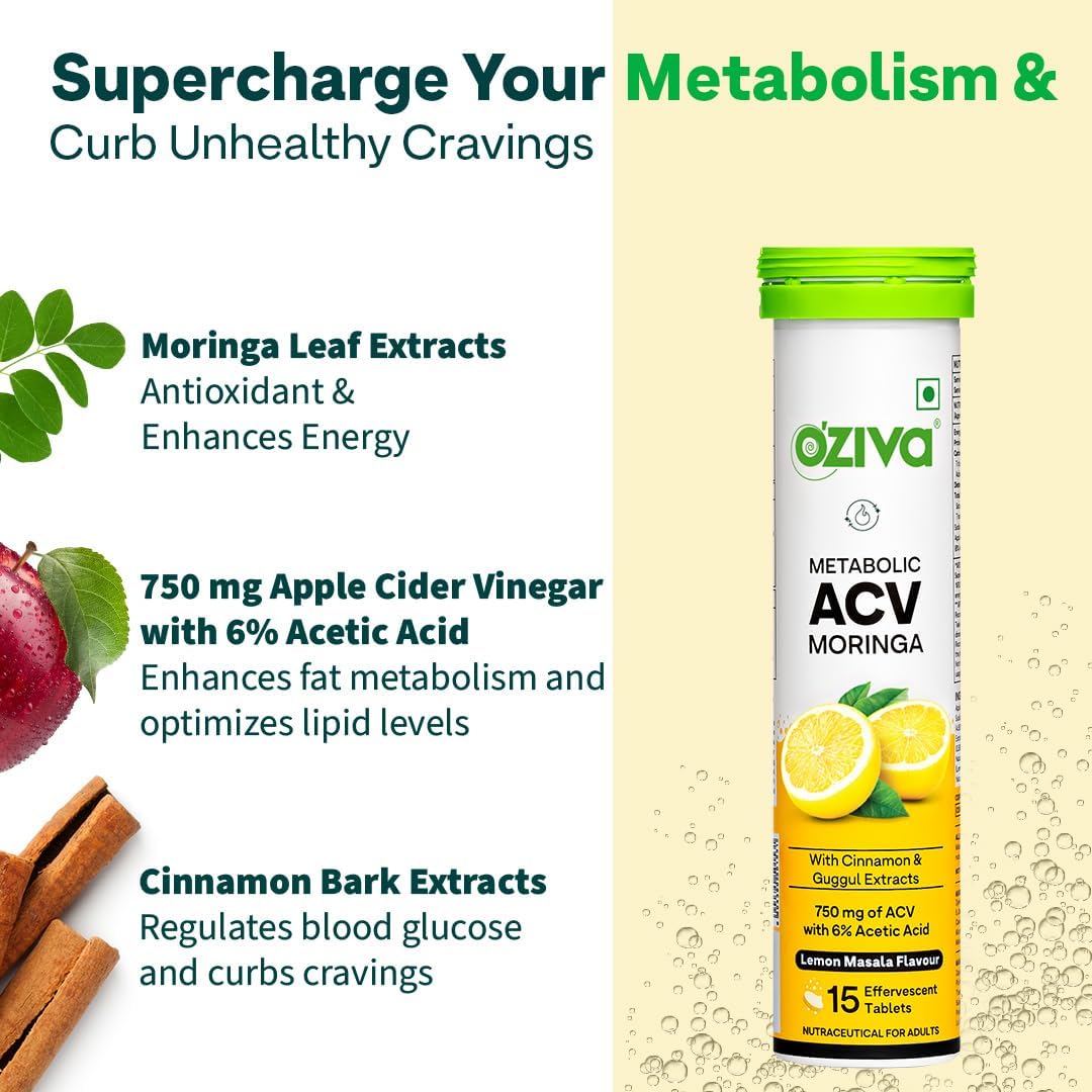 OZiva ACV Moringa Apple Cider Vinegar Tablets, Lemon Masala, 15-Count, Nutritional Supplement - back view