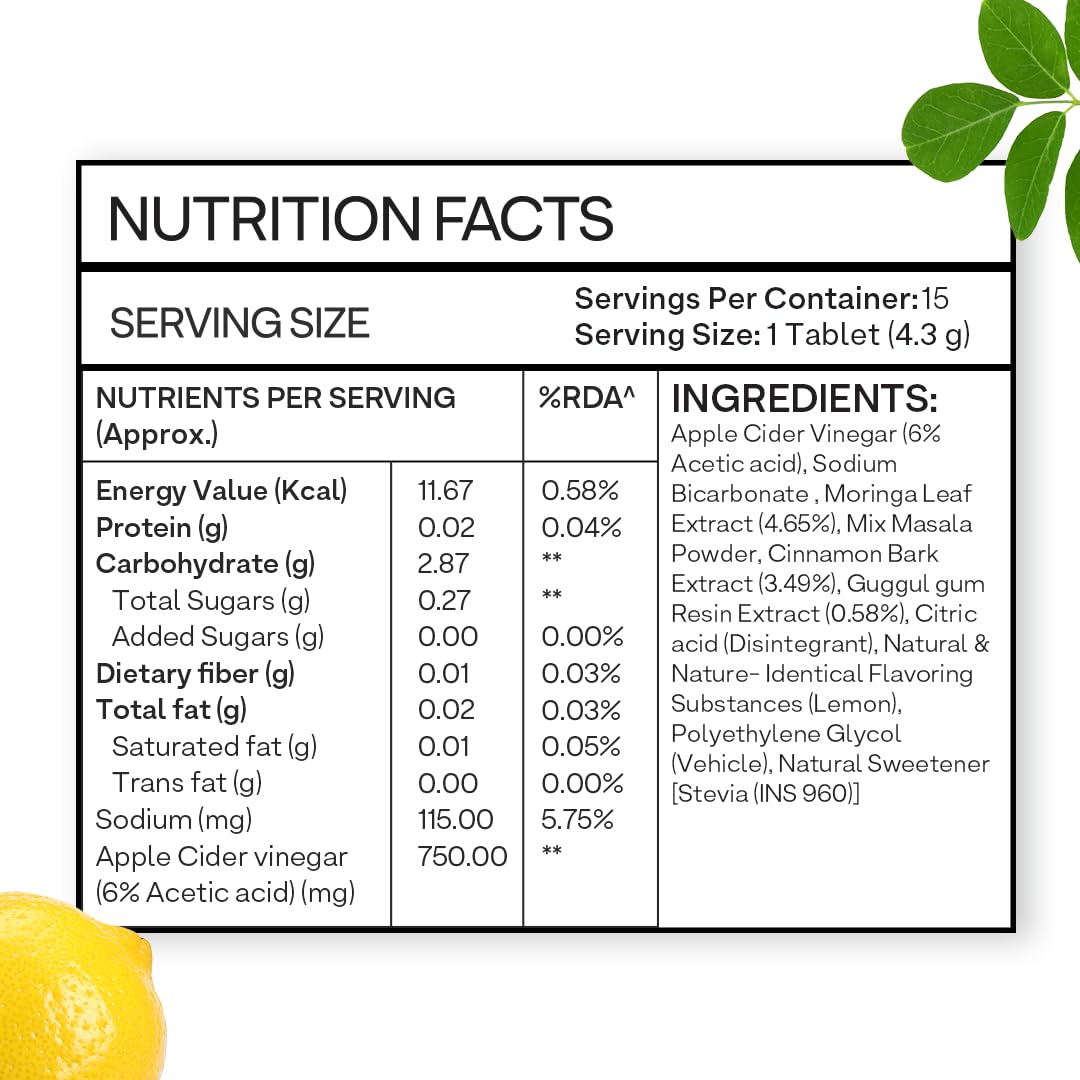 OZiva ACV Moringa Apple Cider Vinegar Tablets, Lemon Masala, 15-Count, Nutritional Supplement - close-up detail