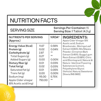 OZiva ACV Moringa Apple Cider Vinegar Tablets, Lemon Masala, 15-Count, Nutritional Supplement - close-up detail