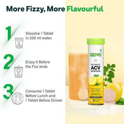 OZiva ACV Moringa Effervescent Tablets, Green Apple Lemon Masala, 15 Count, Plant-Based Nutritional Supplement - label detail