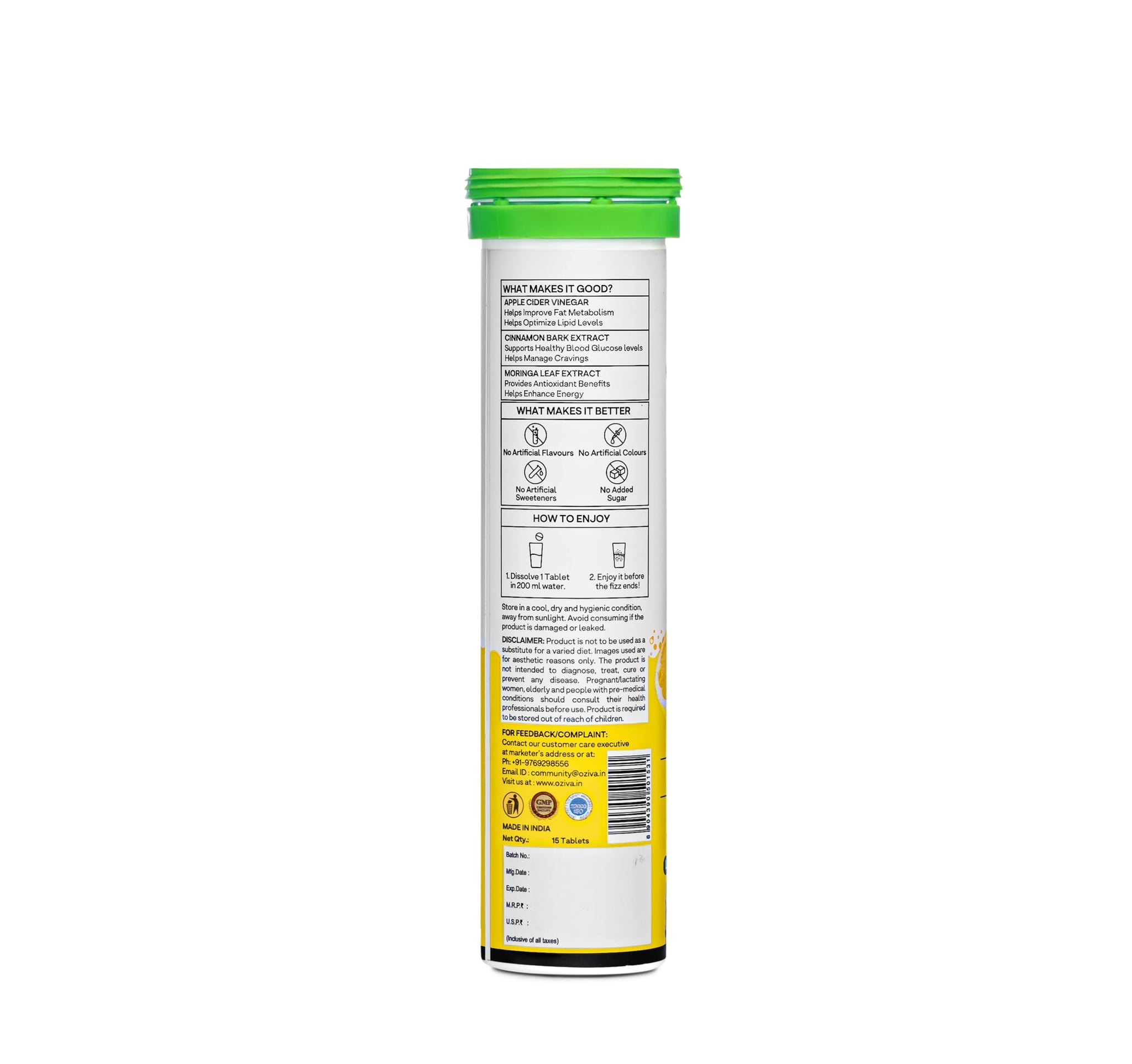 OZiva ACV Moringa Effervescent Tablets, Green Apple Lemon Masala, 15 Count, Plant-Based Nutritional Supplement - in use
