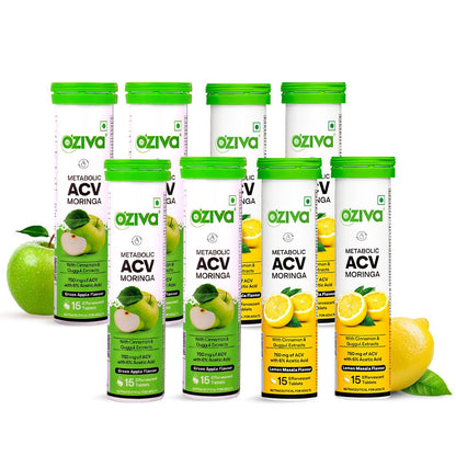 OZiva ACV Moringa Effervescent Tablets, Green Apple Lemon Masala, 15 Count, Plant-Based Nutritional Supplement (9)