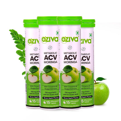 OZiva ACV Moringa Nutritional Supplement, 60 Effervescent Tablets, Green Apple Flavor, No Added Sugar
