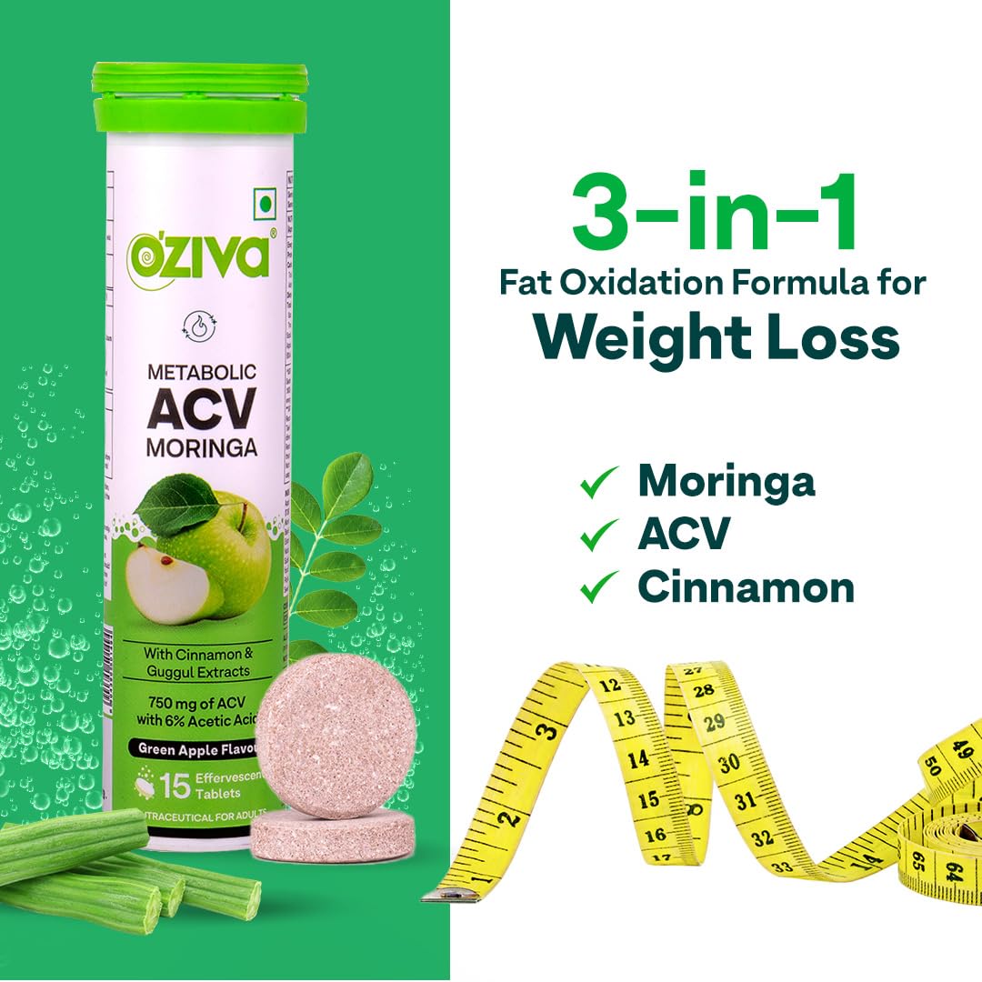 OZiva ACV Moringa Nutritional Supplement, 60 Effervescent Tablets, Green Apple Flavor, No Added Sugar - front view