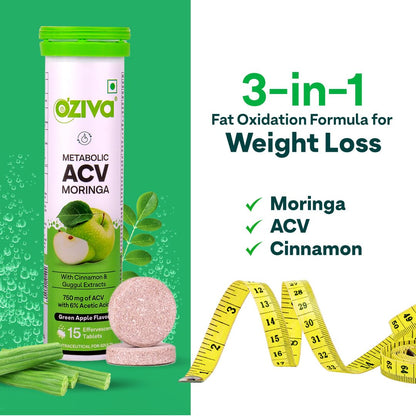 OZiva ACV Moringa Nutritional Supplement, 60 Effervescent Tablets, Green Apple Flavor, No Added Sugar - front view