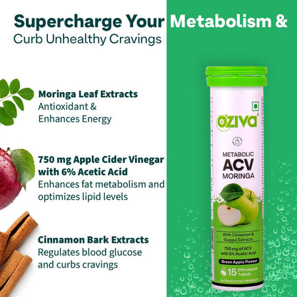 OZiva ACV Moringa Nutritional Supplement, 60 Effervescent Tablets, Green Apple Flavor, No Added Sugar - back view