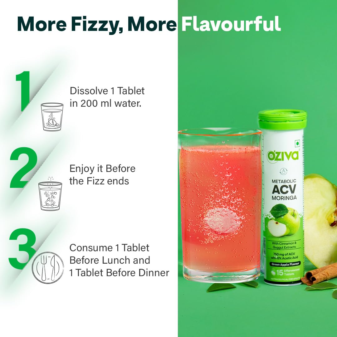 OZiva ACV Moringa Nutritional Supplement, 60 Effervescent Tablets, Green Apple Flavor, No Added Sugar - label detail