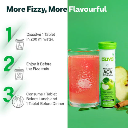 OZiva ACV Moringa Nutritional Supplement, 60 Effervescent Tablets, Green Apple Flavor, No Added Sugar - label detail