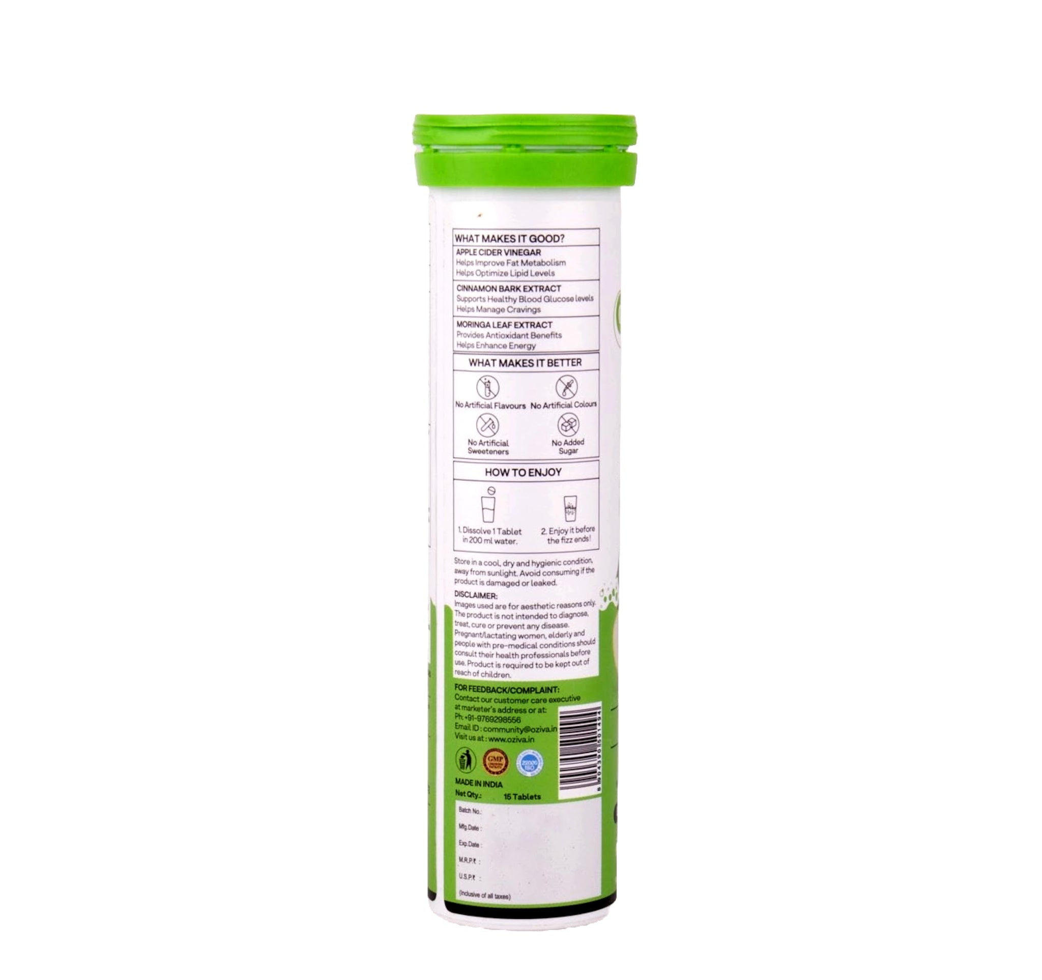 OZiva ACV Moringa Nutritional Supplement, 60 Effervescent Tablets, Green Apple Flavor, No Added Sugar - in use