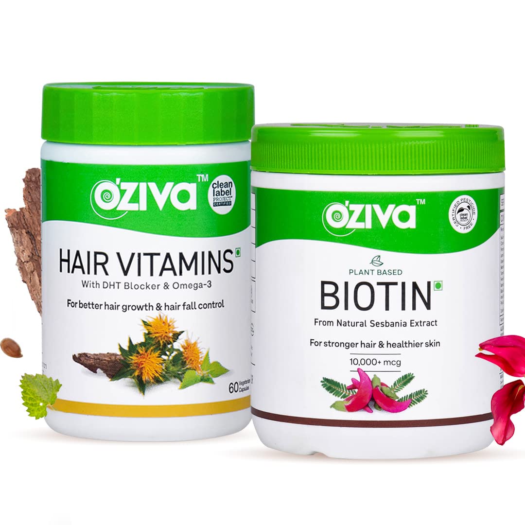OZiva Adult Hair Vitamin Supplement and Plant-Based Biotin Powder Combo, 2-Item Pack, 10000 mcg Biotin