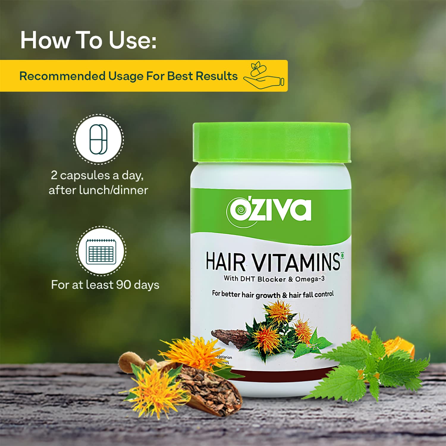 OZiva Adult Hair Vitamin Supplement and Plant-Based Biotin Powder Combo, 2-Item Pack, 10000 mcg Biotin - back view