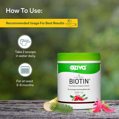 OZiva Adult Hair Vitamin Supplement and Plant-Based Biotin Powder Combo, 2-Item Pack, 10000 mcg Biotin - close-up detail