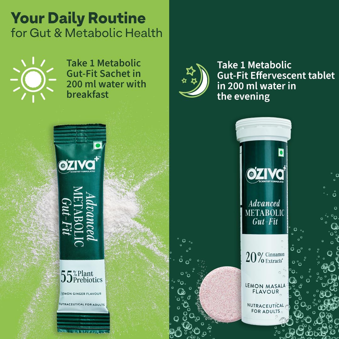 OZiva+ Advanced Metabolic Gut-Fit Supplement, 30 Sachets + 30 Tablets, Cinnamon Polyphenols, B420 Probiotic - close-up detail