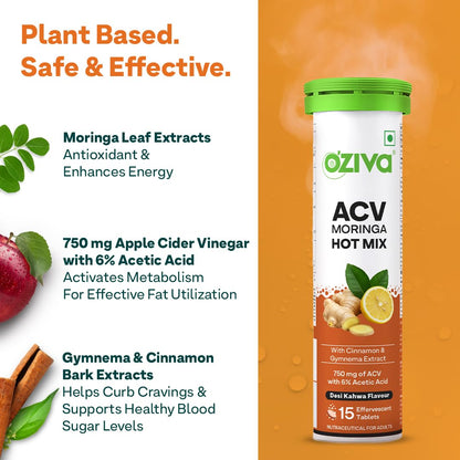 OZiva Apple Cider Vinegar Moringa Hot Mix Effervescent Tablets Dietary Supplement - front view