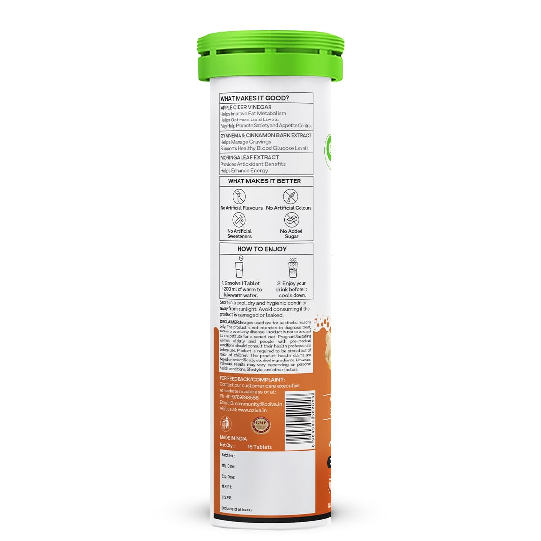 OZiva Apple Cider Vinegar Moringa Hot Mix Effervescent Tablets Dietary Supplement - size and scale