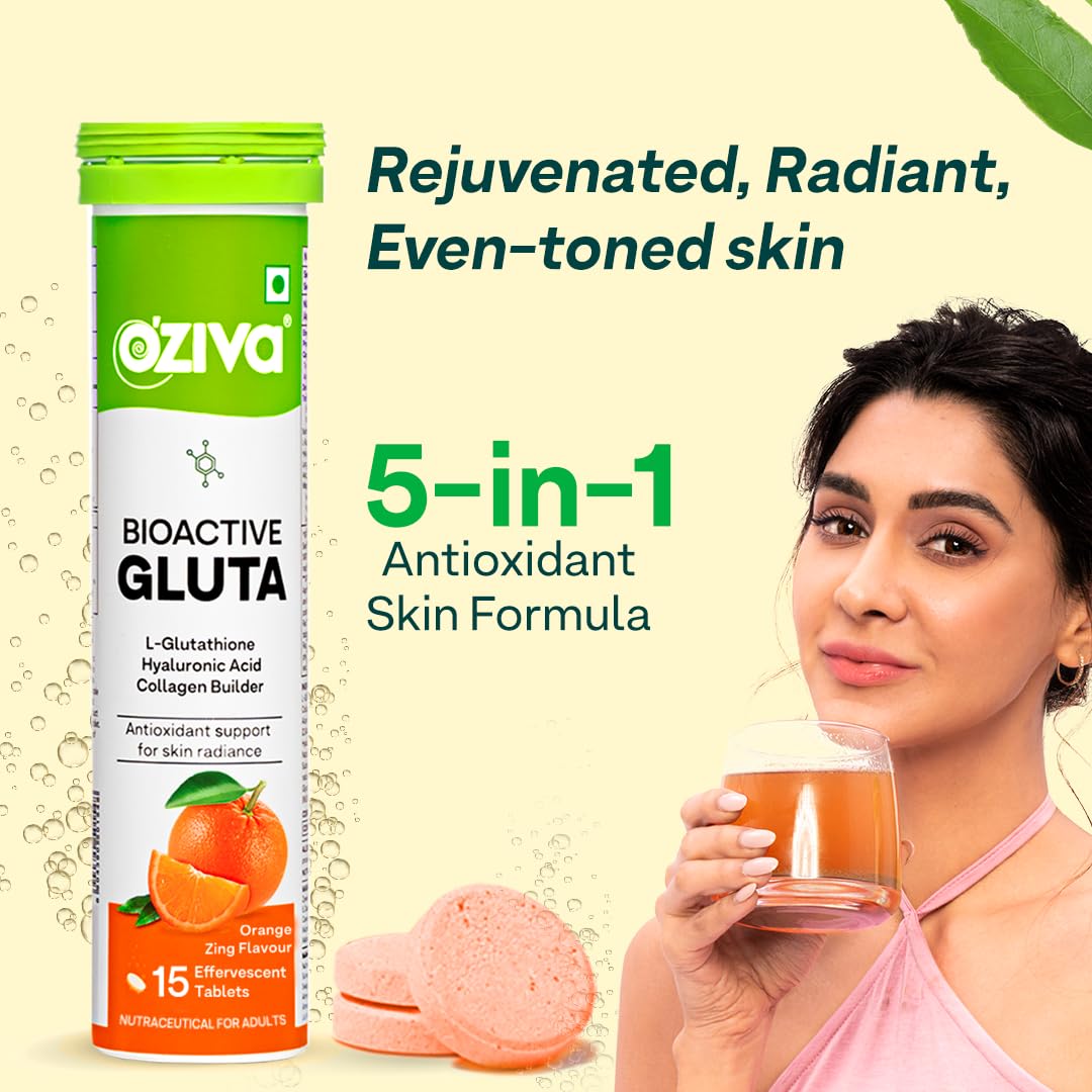OZiva Bioactive Glutathione Effervescent Tablets, Orange Flavor, 15 Count, Vitamin C Supplement - front view (13)