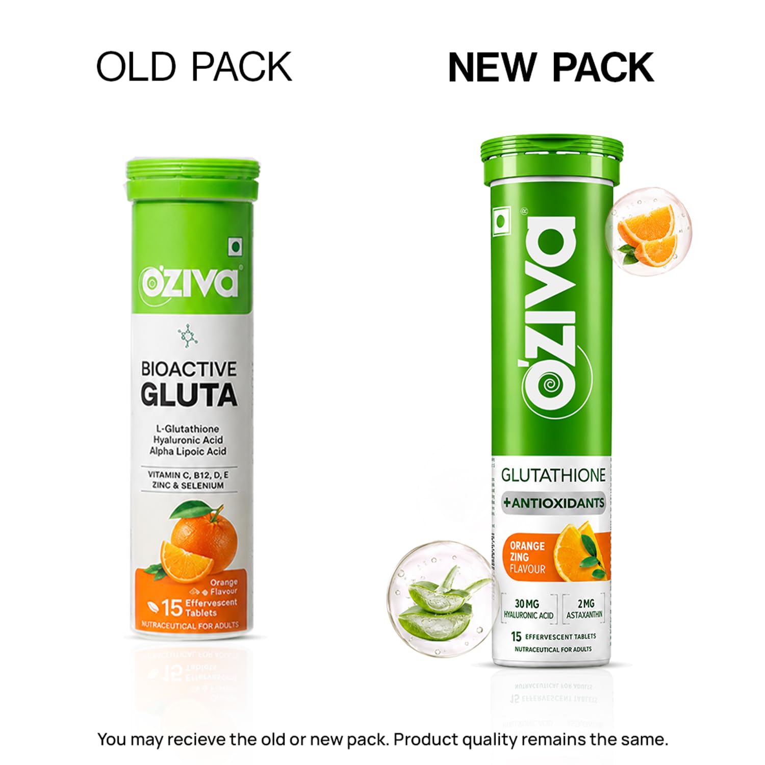 OZiva Bioactive Glutathione Effervescent Tablets, Orange Flavor, 15 Count, Vitamin C Supplement - front view