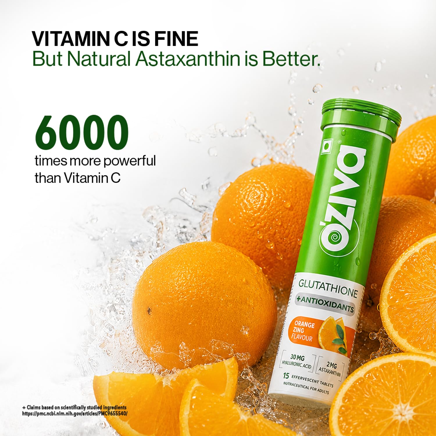 OZiva Bioactive Glutathione Effervescent Tablets, Orange Flavor, 15 Count, Vitamin C Supplement - packaging