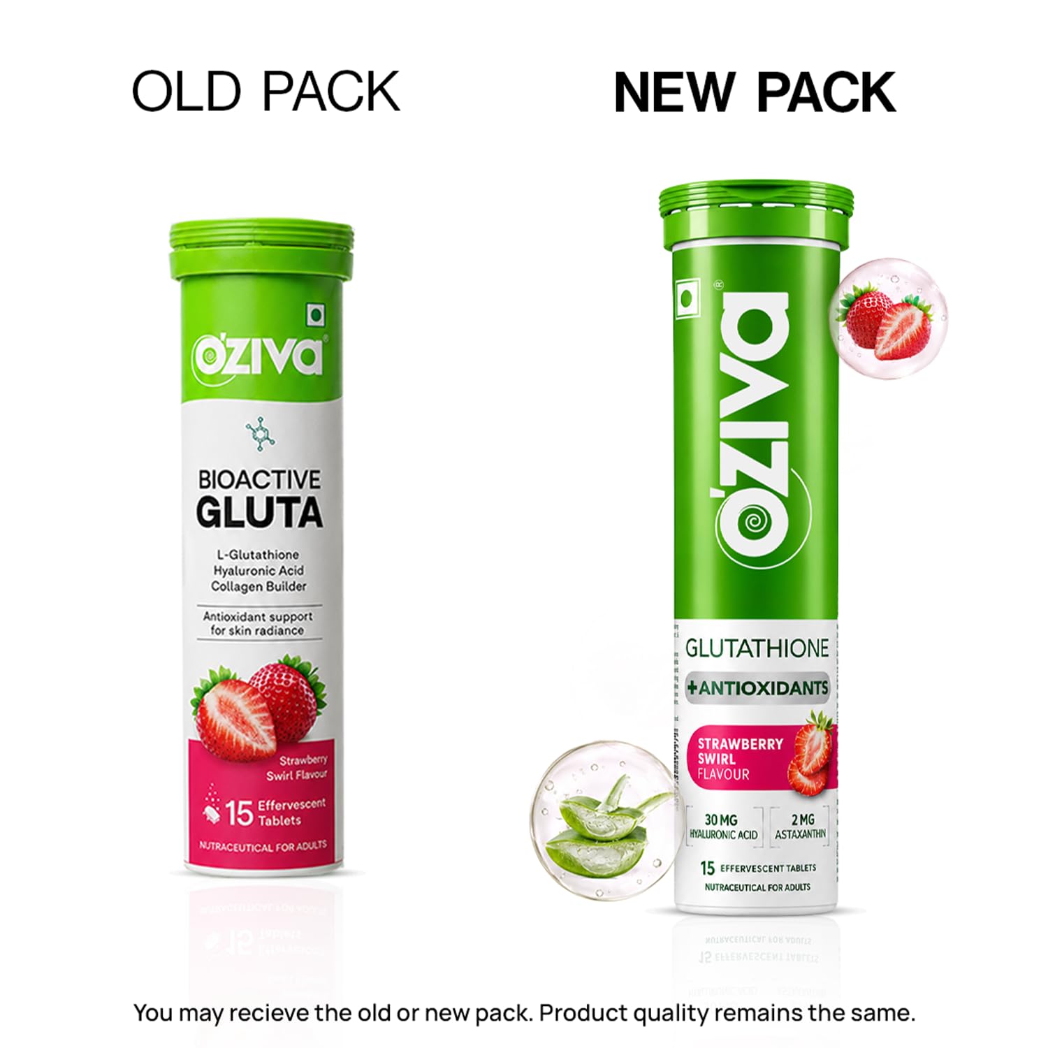 OZiva Bioactive Glutathione Tablets, Strawberry Swirl, Sugar-Free Effervescent, 15 Tabs - front view
