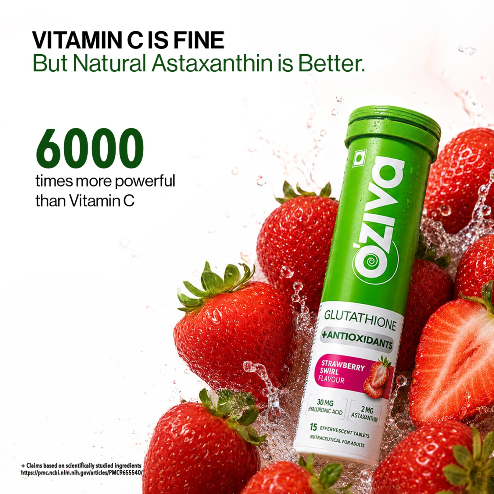 OZiva Bioactive Glutathione Tablets, Strawberry Swirl, Sugar-Free Effervescent, 15 Tabs - packaging