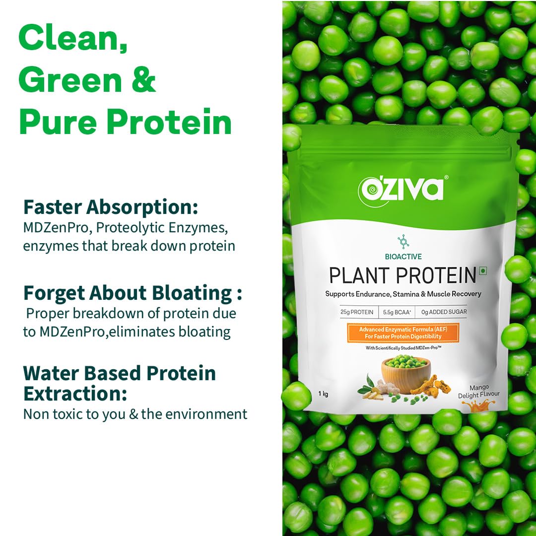 OZiva Bioactive Plant Protein Powder, Vegan Pea Rice Mung Bean Blend, 5.5g BCAA, 25g Protein, Vitamins & Minerals - packaging