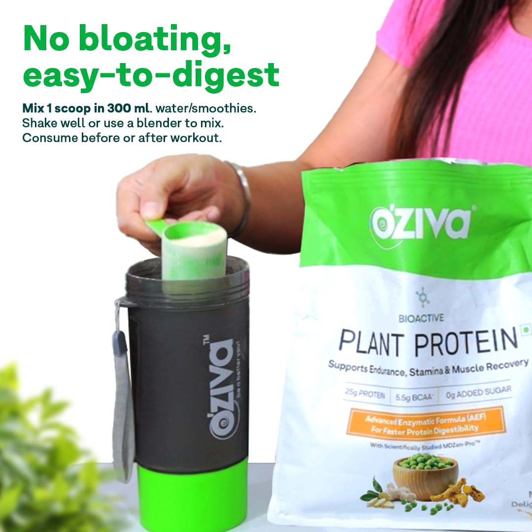 OZiva Bioactive Plant Protein Powder, Vegan Pea Rice Mung Bean Blend, 5.5g BCAA, 25g Protein, Vitamins & Minerals - in use (1
