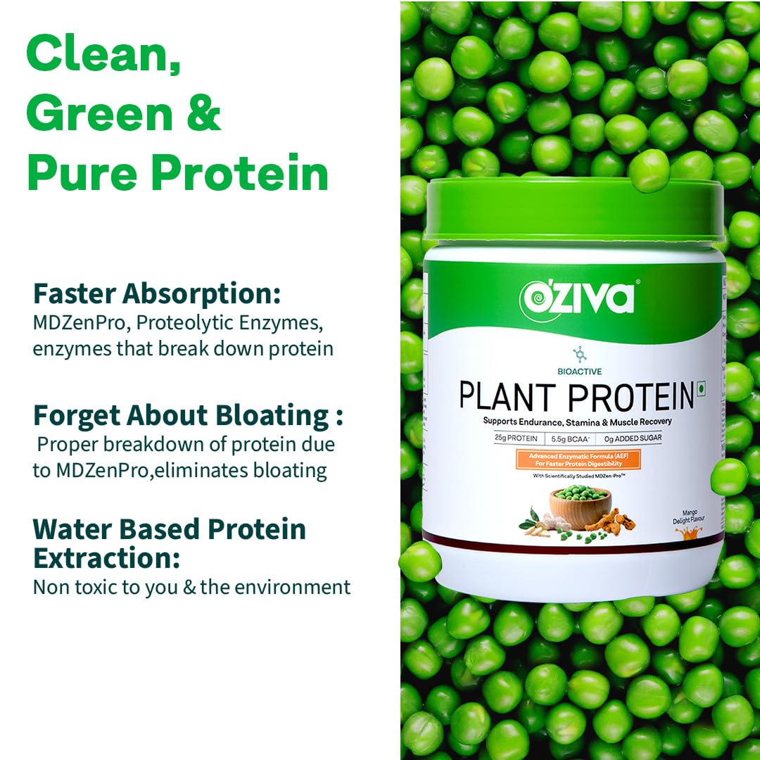 OZiva Bioactive Plant Protein Powder, Vegan Pea Rice Mung Bean Blend, 5.5g BCAA, 25g Protein, Vitamins & Minerals - packaging