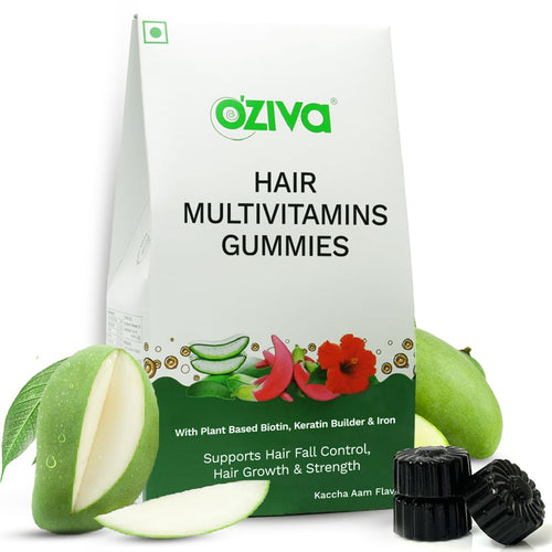 OZiva Biotin Hair Multivitamins Gummies, 30 Count, Raw Mango Flavor, Vegan, No Added Sugar