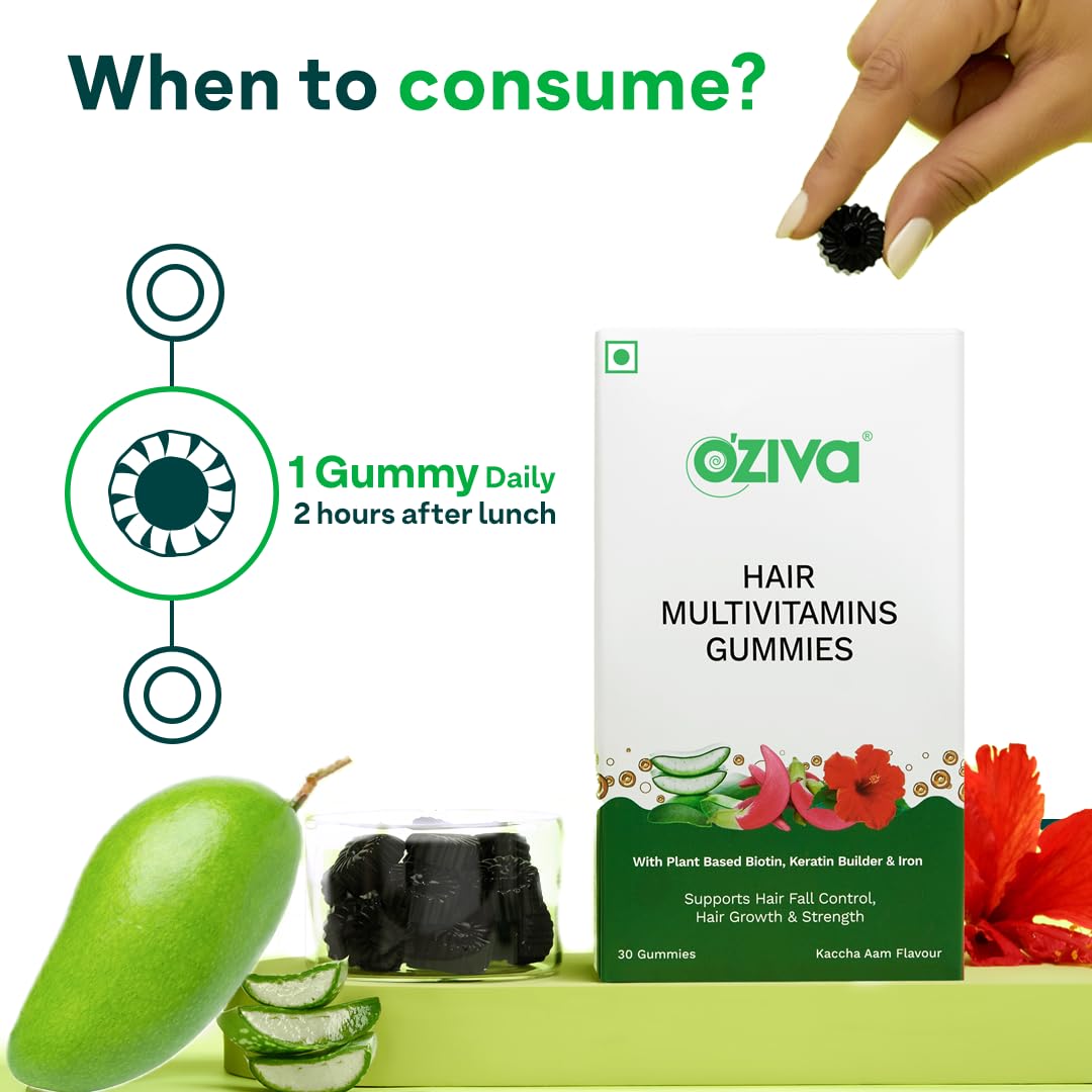 OZiva Biotin Hair Multivitamins Gummies, 30 Count, Raw Mango Flavor, Vegan, No Added Sugar - packaging