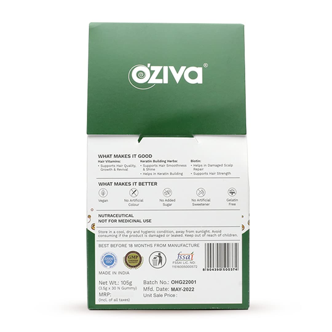 OZiva Biotin Hair Multivitamins Gummies, 30 Count, Raw Mango Flavor, Vegan, No Added Sugar - ingredients panel