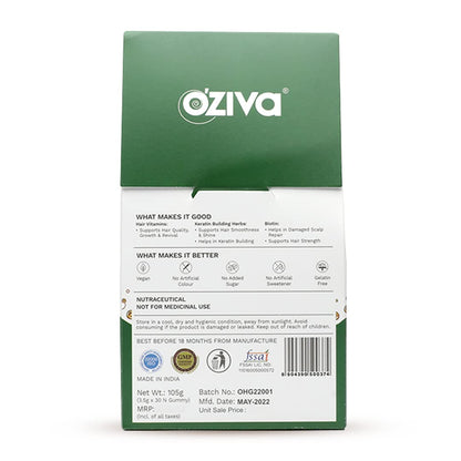 OZiva Biotin Hair Multivitamins Gummies, 30 Count, Raw Mango Flavor, Vegan, No Added Sugar - ingredients panel
