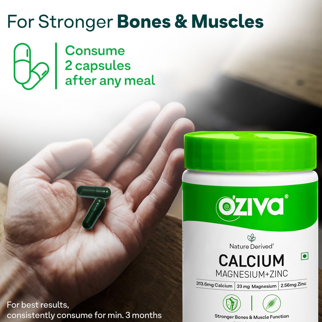 OZiva Calcium Magnesium Zinc Vitamin D3 Adult Mineral Supplement, Plant-Sourced, 60 Caps, 100g - ingredients panel