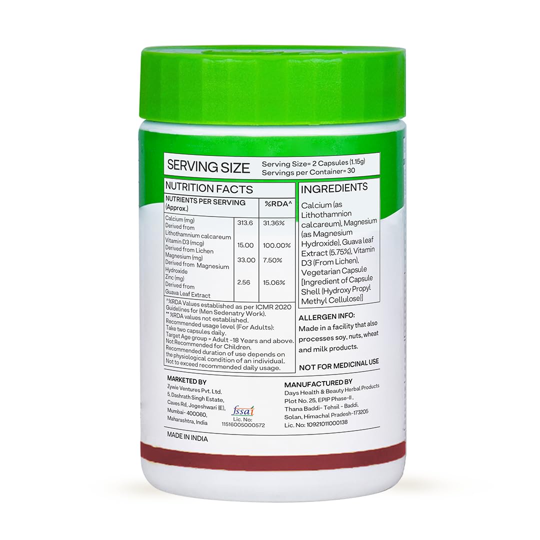 OZiva Calcium Magnesium Zinc Vitamin D3 Adult Mineral Supplement, Plant-Sourced, 60 Caps, 100g - size and scale