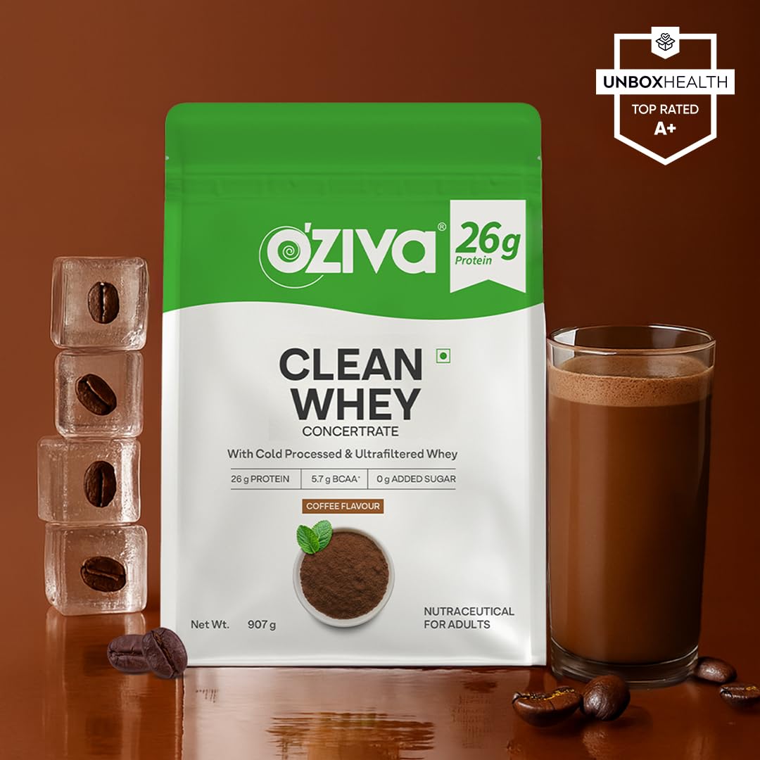 OZiva Clean Whey Coffee Protein Powder, 26g Per Scoop, Cold-Processed Microfiltered, No Added Sugar - front view