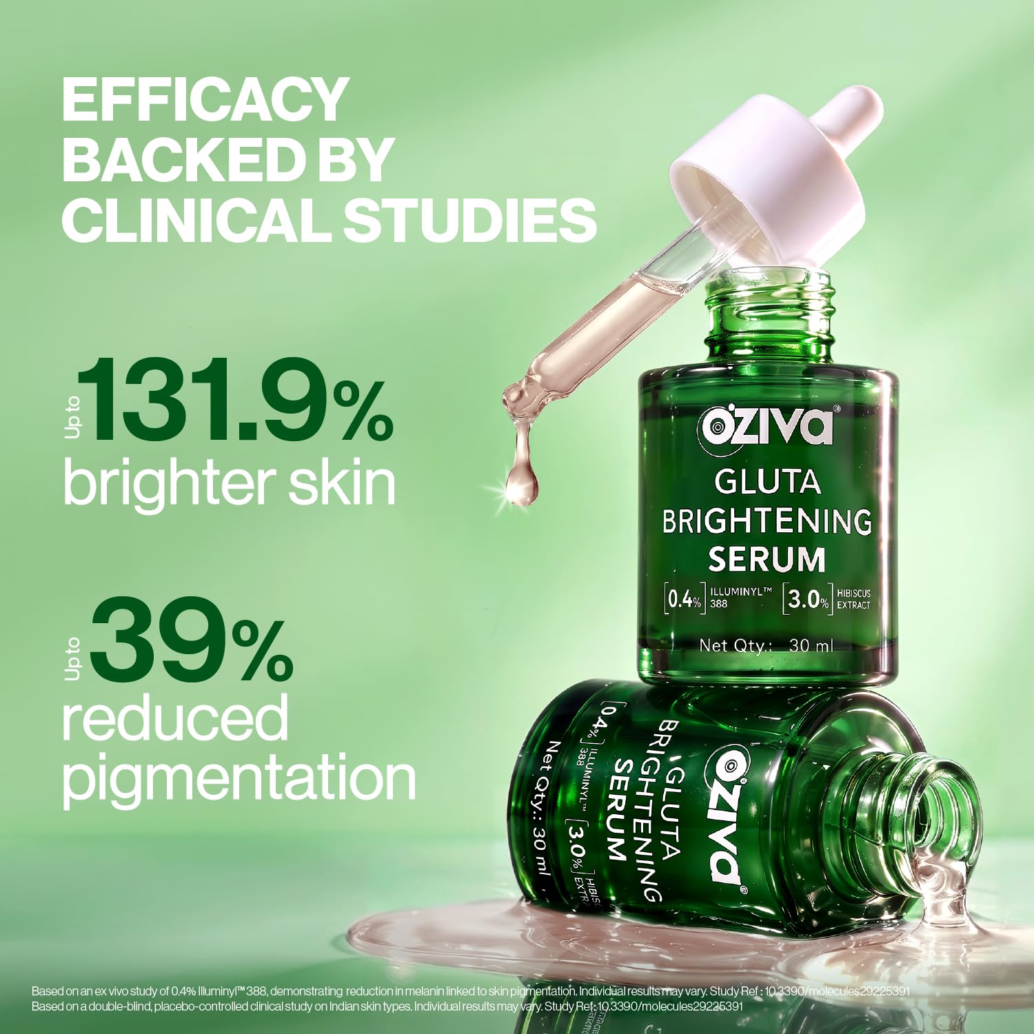 OZiva Gluta Brightening Serum, 30ml, Plant-Based Formula with Green Tea Extract, Liposomal Glutathione, Saffron and Hibiscus 