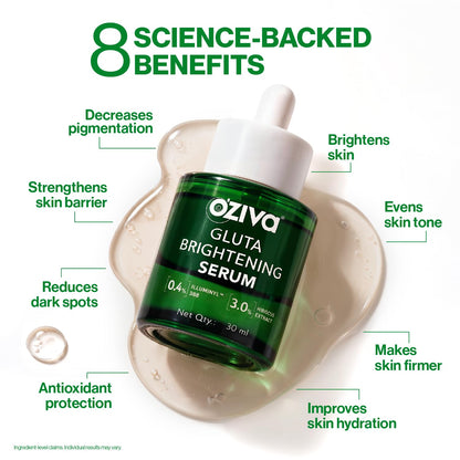 OZiva Gluta Brightening Serum, 30ml, Plant-Based Formula with Green Tea Extract, Liposomal Glutathione, Saffron and Hibiscus 